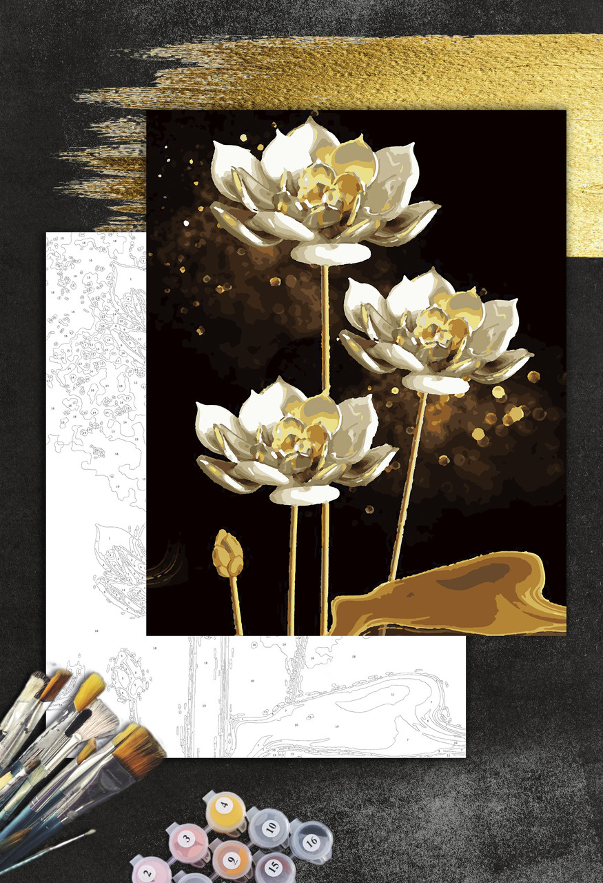 ЗОЛОТА Картина по номерам колекції "Art Millennium" на полотні із золотими фарбами "Білі квіти ЛІЛІЇ"